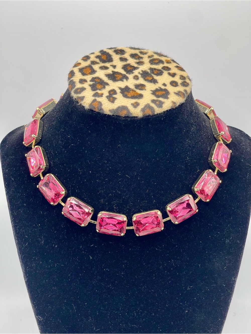 Pink Rectangular Crystal Glass Statement Choker Necklace with Gold Tone setting